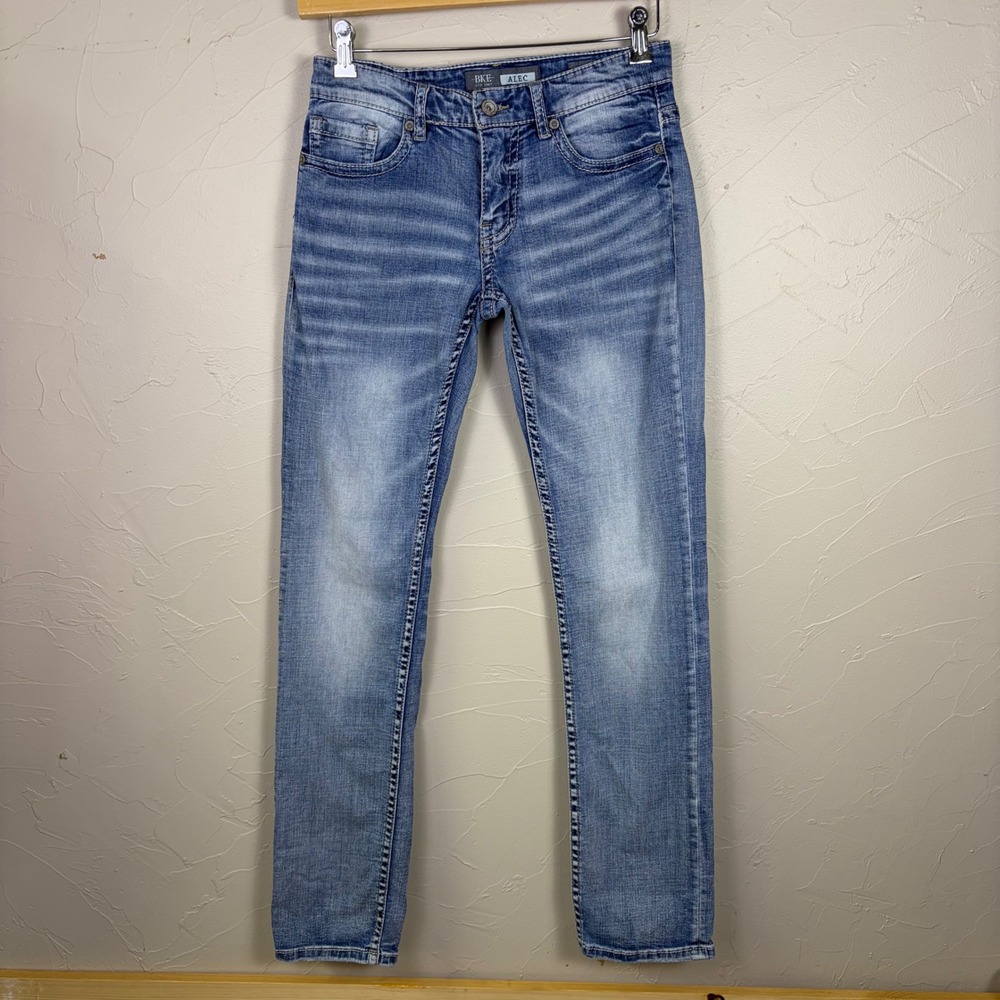 BKE Alec Straight Leg Jeans Mens 29 L Denim Blue Mens Stretch Distressed Buckle